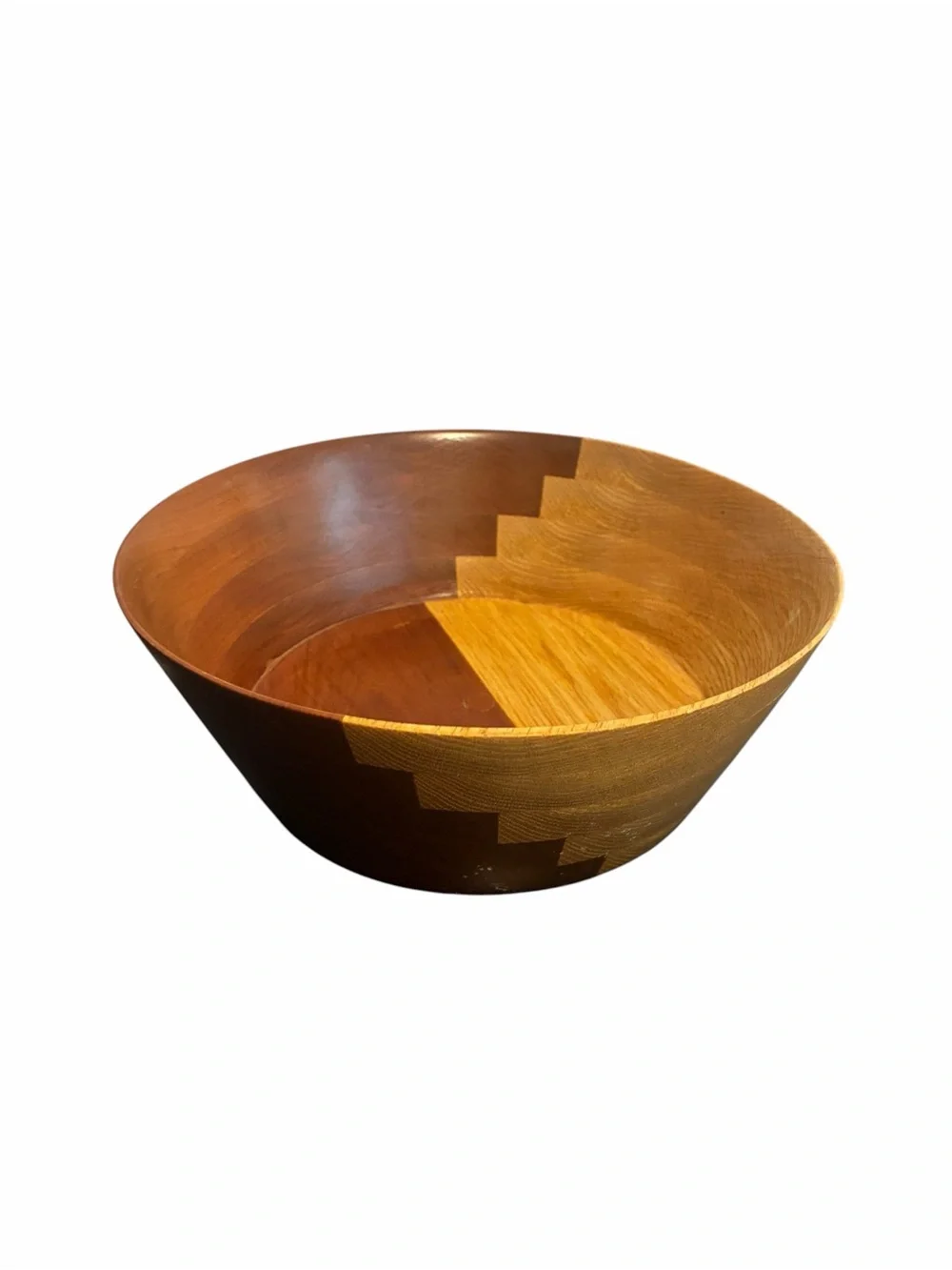 Artisan Two Tone Wooden Bowl Stepped Geometric Design Mid Century Modern Style